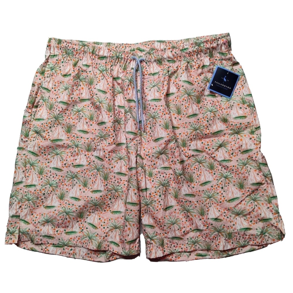 TAILORBYRD Men Large Pink Sailboat Allover Print Brief Lined‎ 8" Swim Shorts NEW